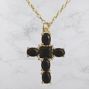 18K Gold Plated Sterling Silver Latin Cross Black Onyx Gemstone Pendant Necklace